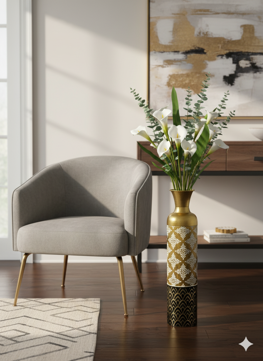 Black & Gold Floral Pattern Metal Vase