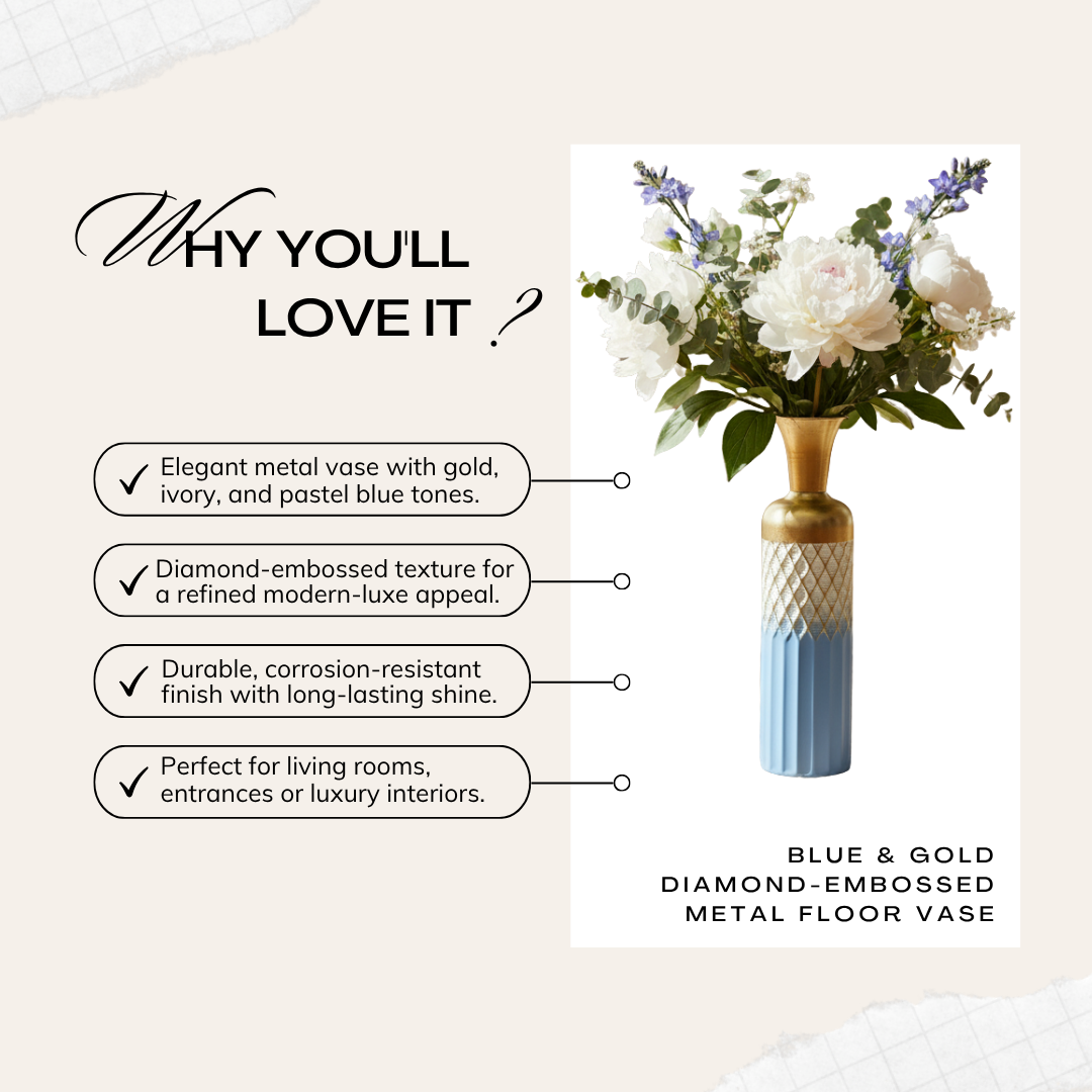 Blue & Gold Diamond-Embossed Metal Floor Vase