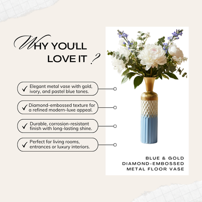 Blue & Gold Diamond-Embossed Metal Floor Vase