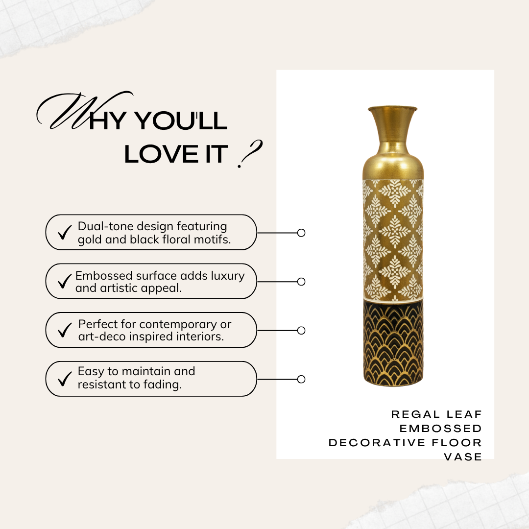 Black & Gold Floral Pattern Metal Vase