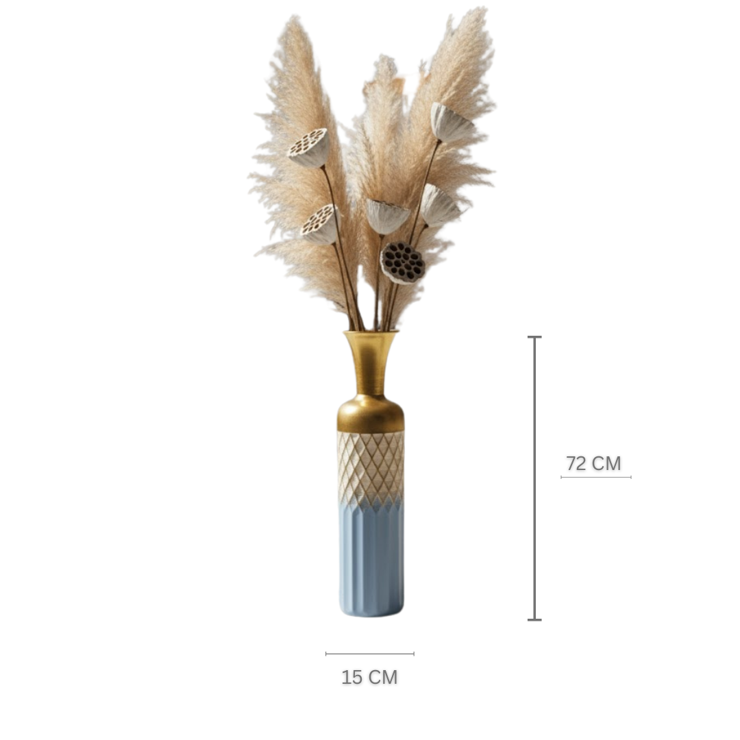 Blue & Gold Diamond-Embossed Metal Floor Vase