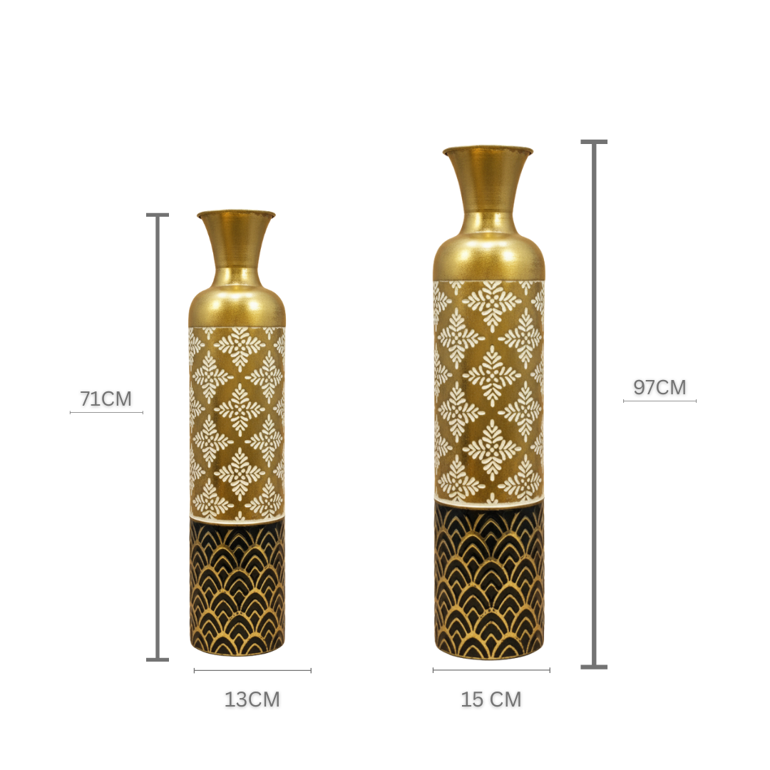 Black & Gold Floral Pattern Metal Vase