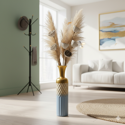 Blue & Gold Diamond-Embossed Metal Floor Vase