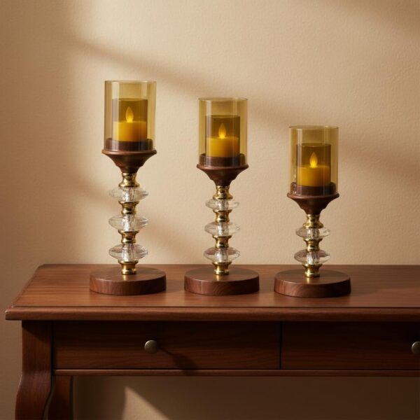 Wood Glass Metal Candle Set